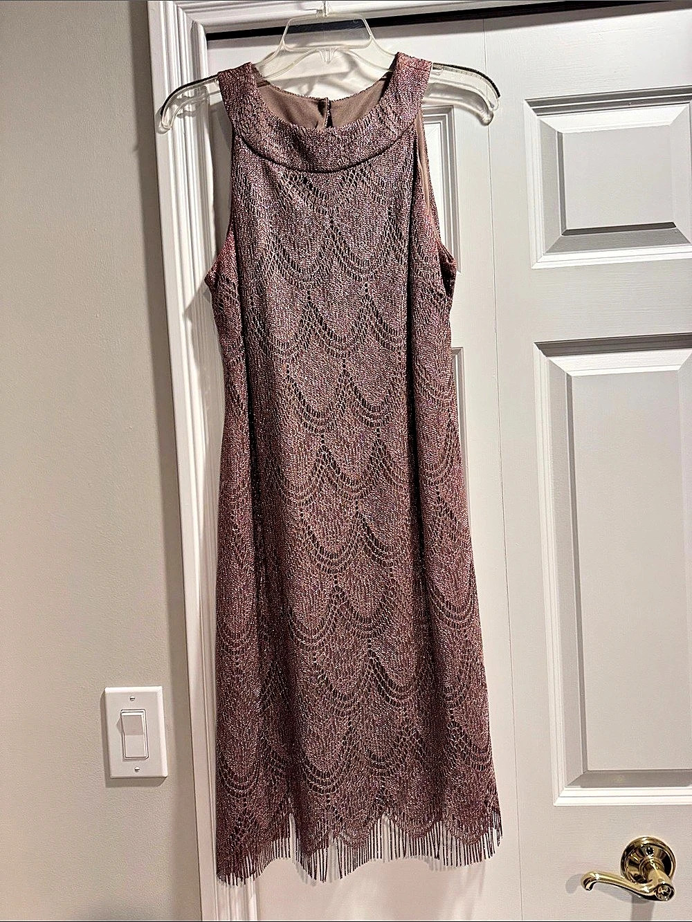 S.L. Fashions Geometric Fringe Maxi Dress in Brown Size 12 Like New